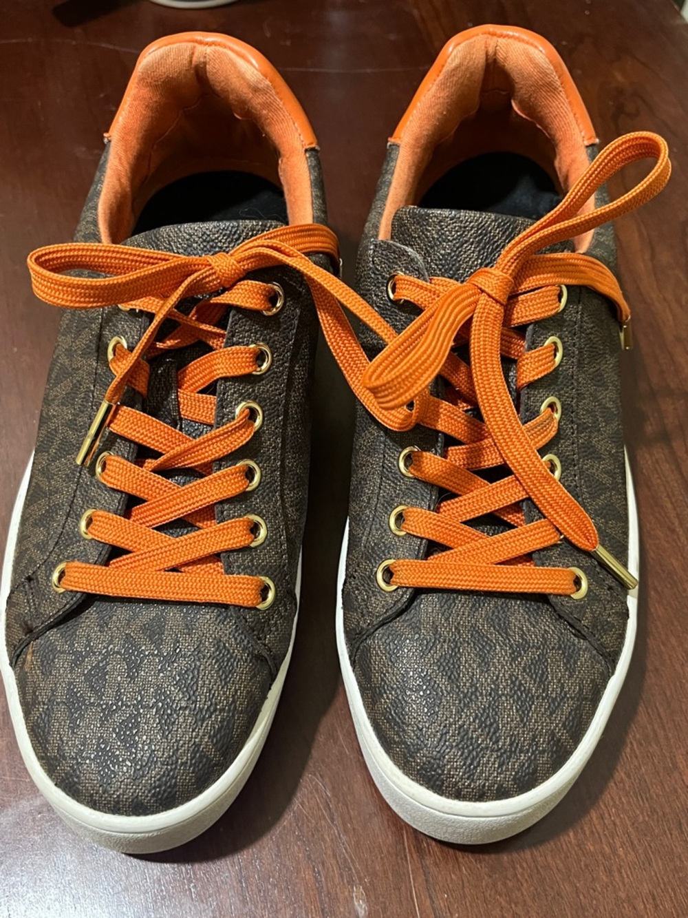 Michael Kors Brown Logo Low-Top Sneakers with Orange Trim size 5